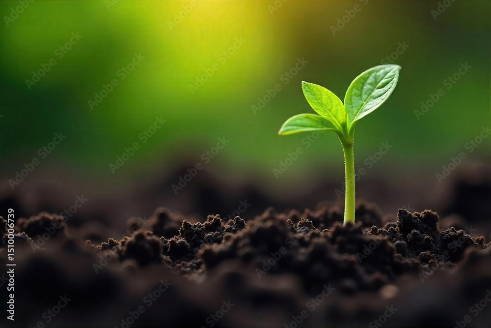Fototapeta premium A close-up shot of a tiny sprout pushing through rich, dark soil, symbolizing the emergence of life and the primal need for nourishment , genesis, stem