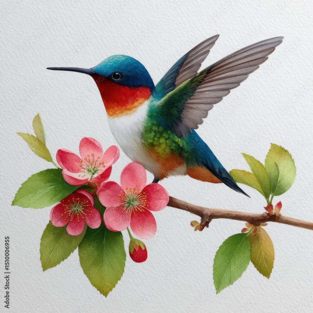 Fototapeta premium Hummingbird feeding on blossoms vibrant nature scene floral environment close-up view wildlife concept