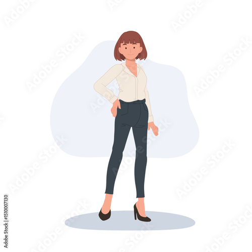 confident female office worker business fashion stylish career woman in standing pose wearing smart outfit in corporate setting.