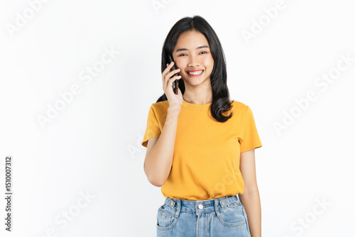 Smiling asian woman talk on the phone on white background.