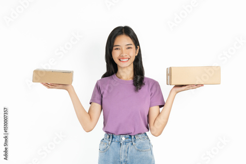 Smiling asian woman holding empty cardboard box on white background, Delivery online concept