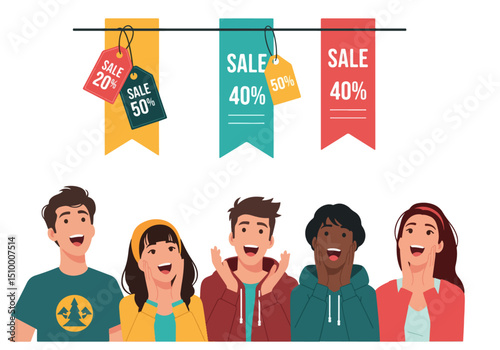 Excited people with sale discount tags