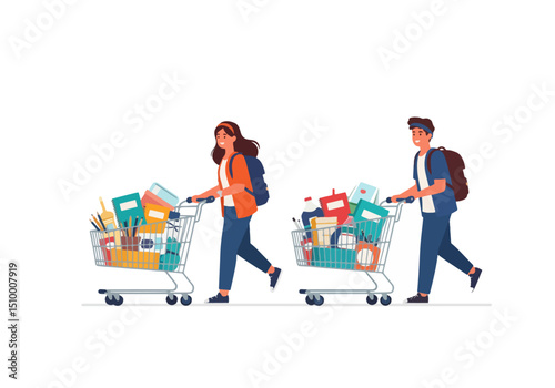 Students buying school supplies with shopping carts