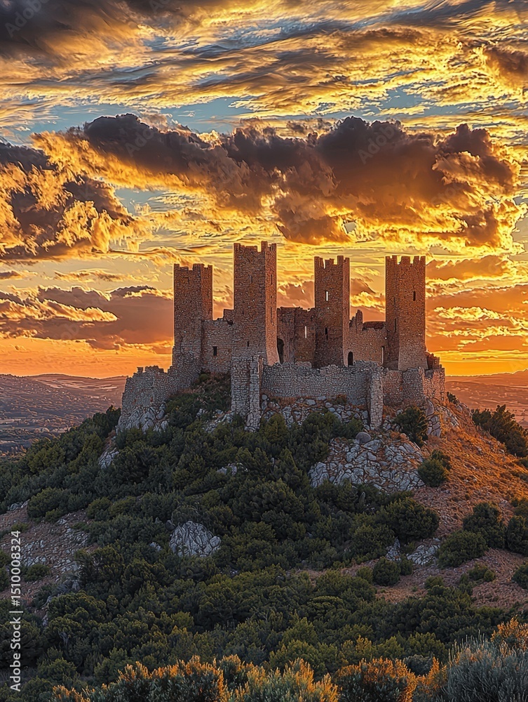 Fototapeta premium Cloudy Sky Over Majestic Ancient Castle Ruins
