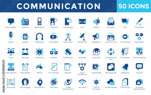 Communication icons set with speech bubble, telephone, mobile phone, video call, text message, email, mailbox, newsletter, chat, microphone icon. Simple flat vector 
