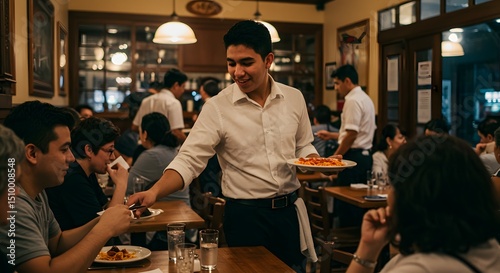 Wallpaper Mural Waiter serving food in a busy restaurant with customers enjoying their meals, enhancing dining experience in a bustling atmosphere Torontodigital.ca