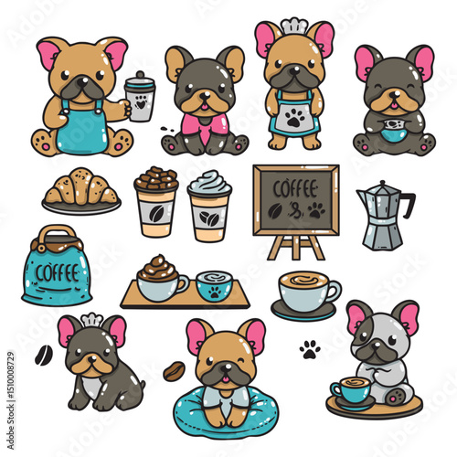 Set of French bulldogs with a coffee shop theme in various poses with hand-drawn vector illustrations. Doodle flat art style, isolated and easy to use for creative projects and designs.