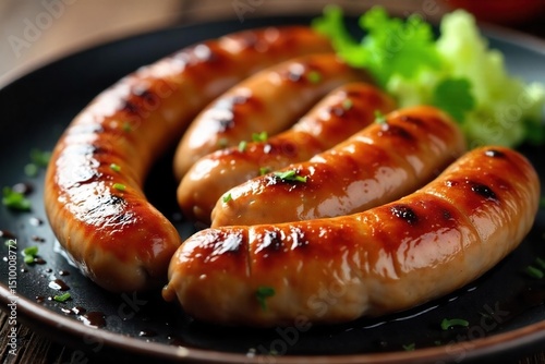 A sizzling plate of breakfast sausages, perfectly browned and juicy, ready to be served Close-up shot highlighting the texture and appetizing appearance , sausages, cuisine, protein