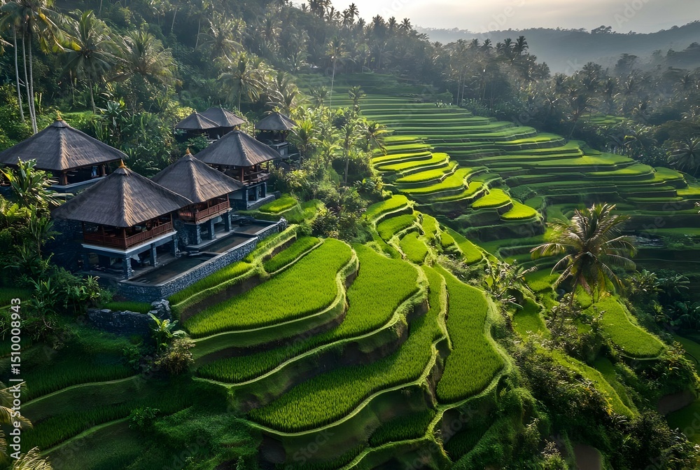 custom made wallpaper toronto digitalLush Green Rice Terraces and Traditional Balinese Houses in Verdant Valley Aerial View Under Bright Sunlight With Clear Sky and Scenic Mountain Backdrop