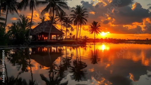 Wallpaper Mural Golden Sunset Reflecting in Tropical Lake Water with Palm Trees and Thatched Bungalow Creating a Tranquil Evening Landscape Torontodigital.ca
