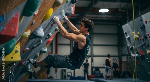 Wallpaper Mural An athletic young man grips onto climbing holds, muscles flexed as he navigates a challenging indoor rock climbing wall exercise. Torontodigital.ca