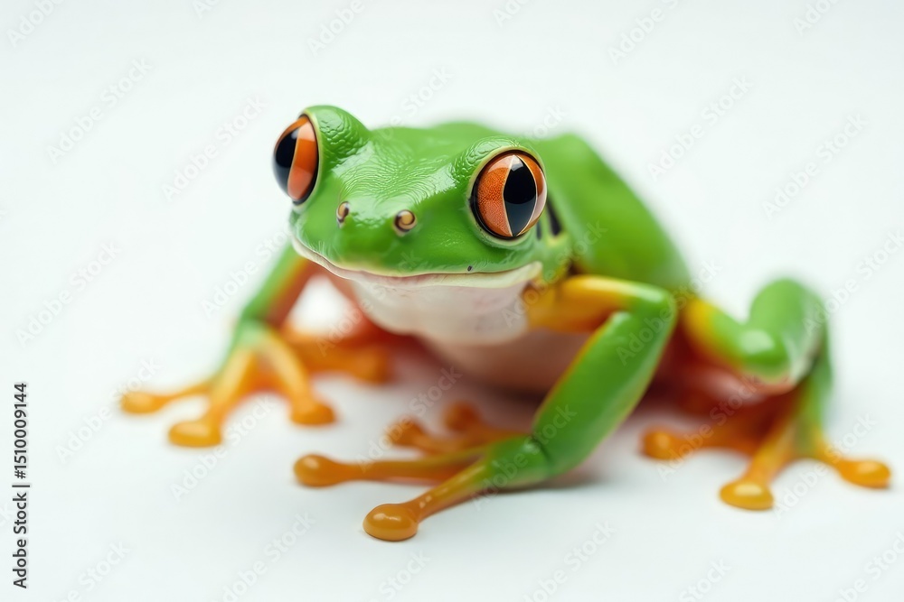 Obraz premium Green tree frog perched on white, vibrant colors, close-up, skin, macro