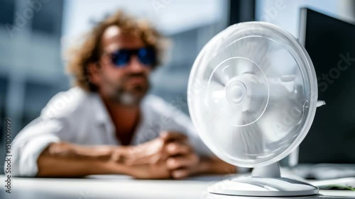 Curly-haired man in white shirt leans on a table behind a spinning desk fan, looking tired or contemplative in bright sunlit room, concept of heat relief and summer discomfort photo