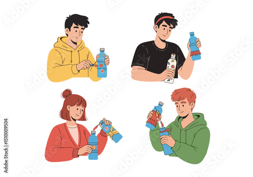 People decorating water bottles together artwork