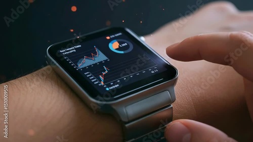 Close-up of a person interacting with a smartwatch displaying dynamic data graphs and charts