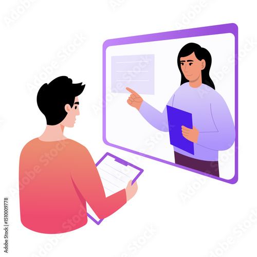 A flat style illustration showing a student taking online lecture