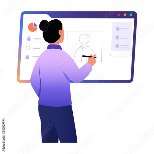 Instructor drawing on screen, flat style illustration