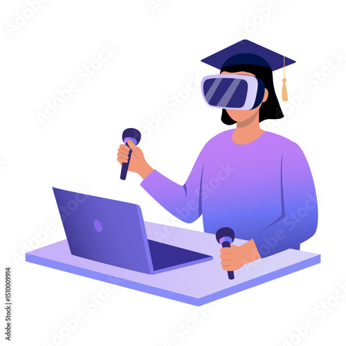 Flat style illustration depicting a character doing vr study