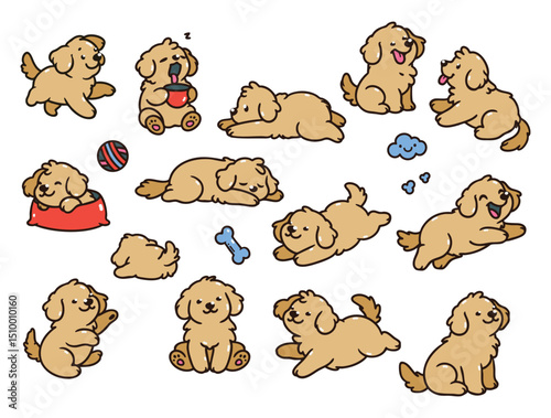 Set of Golden Retrievers in various poses with hand-drawn vector illustrations. Doodle flat art style, isolated and easy to use for creative projects and designs.