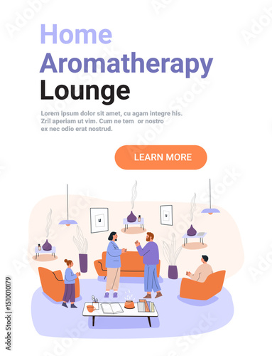 Home aromatherapy lounge relaxing people cozy living room diffusers steaming comfortable seating modern interior plants pastel colors web banner template