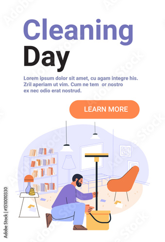 Man cleaning living room modern home interior bookshelf armchair vacuum bucket cozy domestic scene pastel colors website banner