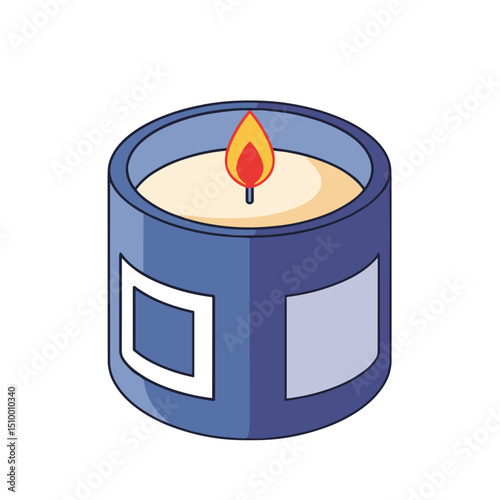 Round scented candle in a blue container with a flame, relaxation concept