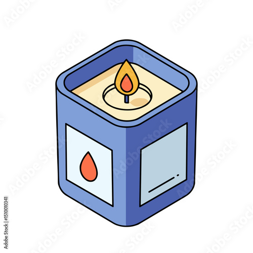 Square scented candle in a jar with a flame, relaxation concept