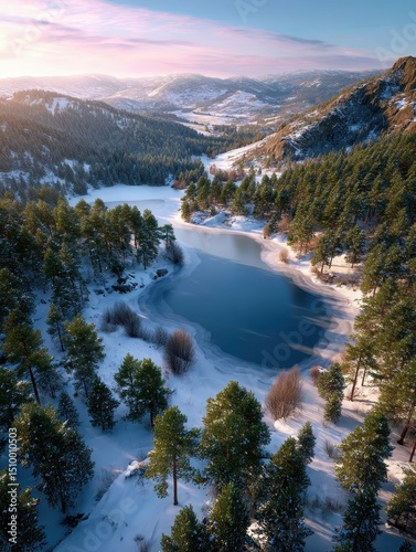 Snowy forest with frozen lake at sunset.