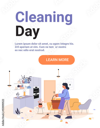 Woman cleaning modern living room kitchen interior daily chores cozy furniture plants flat color background landing page