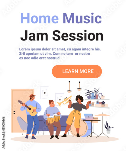 Home music jam session musicians playing instruments cozy living room plants decor modern interior diverse people digital art