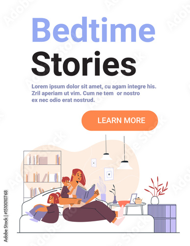 Mother reading bedtime story children cozy living room sofa bookshelf plants warm home evening family routine website banner