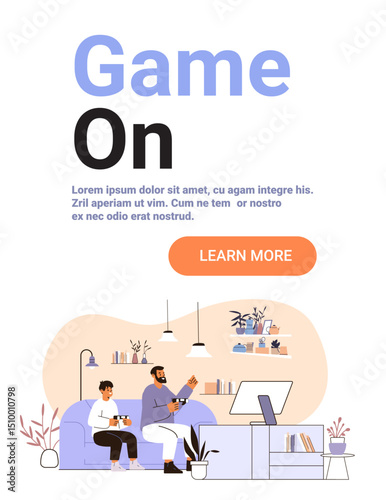 Family gaming together living room leisure activity father and son sitting on sofa playing video games console plants cozy home interior