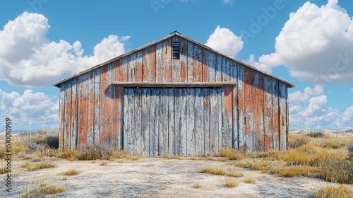 Weathered wood facade of aged vintage barn under clear sky rustic charm rural scene sunny serene