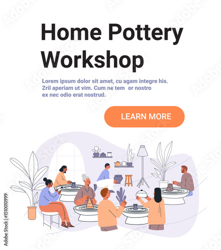 Home pottery workshop creative activity group people making ceramics on pottery wheels cozy indoor studio plants modern decor website banner