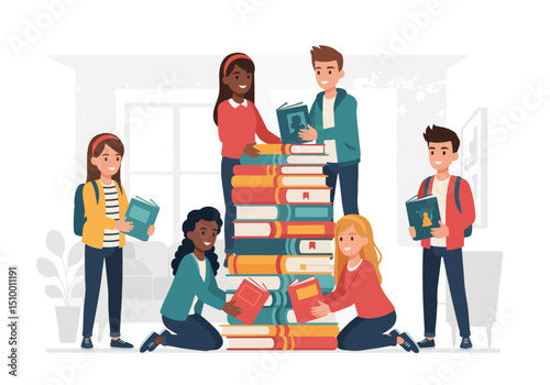 Students reading stacking books study group