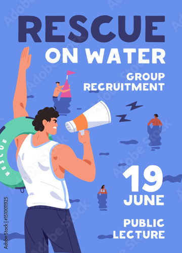 Rescue on the water event poster design. Advertising template of lifeguarding on beach. Promotion layout of safety at sea. Life guard with loudspeaker saves drowning people. Flat vector illustration