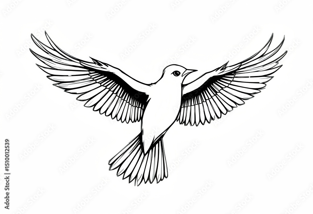 Fototapeta premium Flying Bird Line Drawing – Black and White Outline Illustration of Bird with Spread Wings