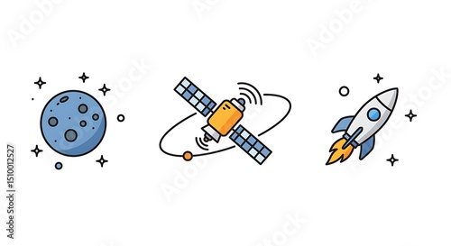 Space Objects Illustration with Moon Satellite and Rocket