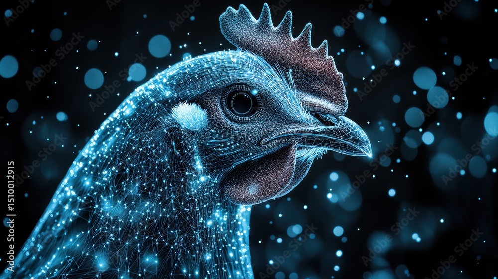 Obraz premium Futuristic profile of chicken in blue digital tech network pattern against a black bokeh backdrop