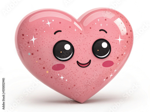 A cute cartoon pink heart illustration with a sweet face, a symbol of happy romantic love
