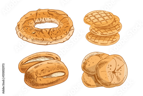 Hand drawn vintage sketch set of assorted bakery breads in brown ink, color version, isolated vector illustration