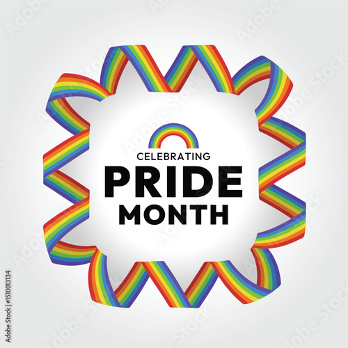 Celebrating pride month text in frame with ribbon pride rainbow roll waving around vector design