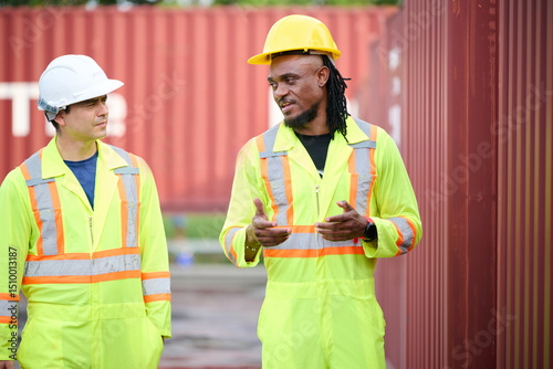 Engineers or workers walking and checking containers at warehouse storage