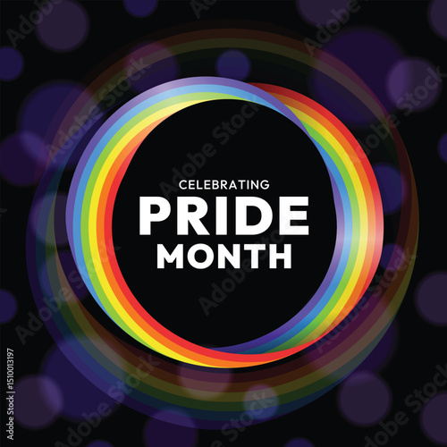 Celebrating pride month text in abstract circle frame pride rainbow flag on dark background with bokeh ligh vector design