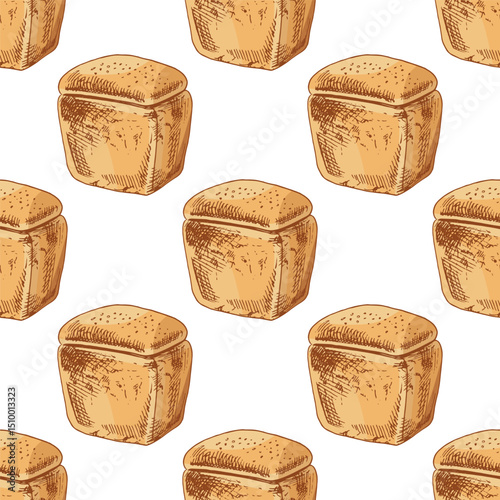Hand drawn vintage seamless pattern of classic rectangular bread loaf in color engraving style