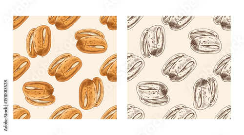 Hand drawn vintage seamless pattern of bread rolls with crusty tops in color ink engraving style