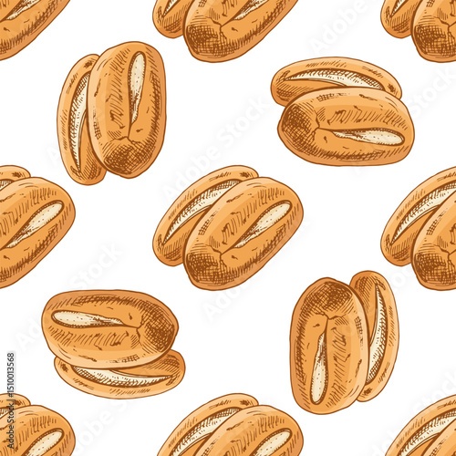 Hand drawn vintage seamless pattern of classic bread rolls with golden crust in color engraving style