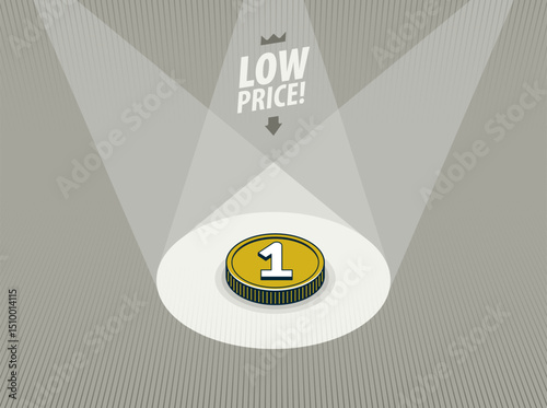 Low price concept poster, coin stack in a spotlight like on a stage vector icon style illustration, e-commerce sale, cheap prices shopping, buy by discount.