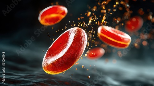 Blood Biomarkers Design. Floating red droplets with splashes against a dark background.