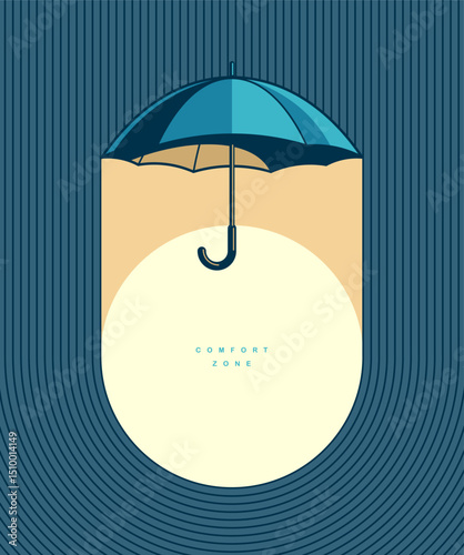 Comfort zone concept poster, umbrella covers safe space of stability vector icon style illustration,